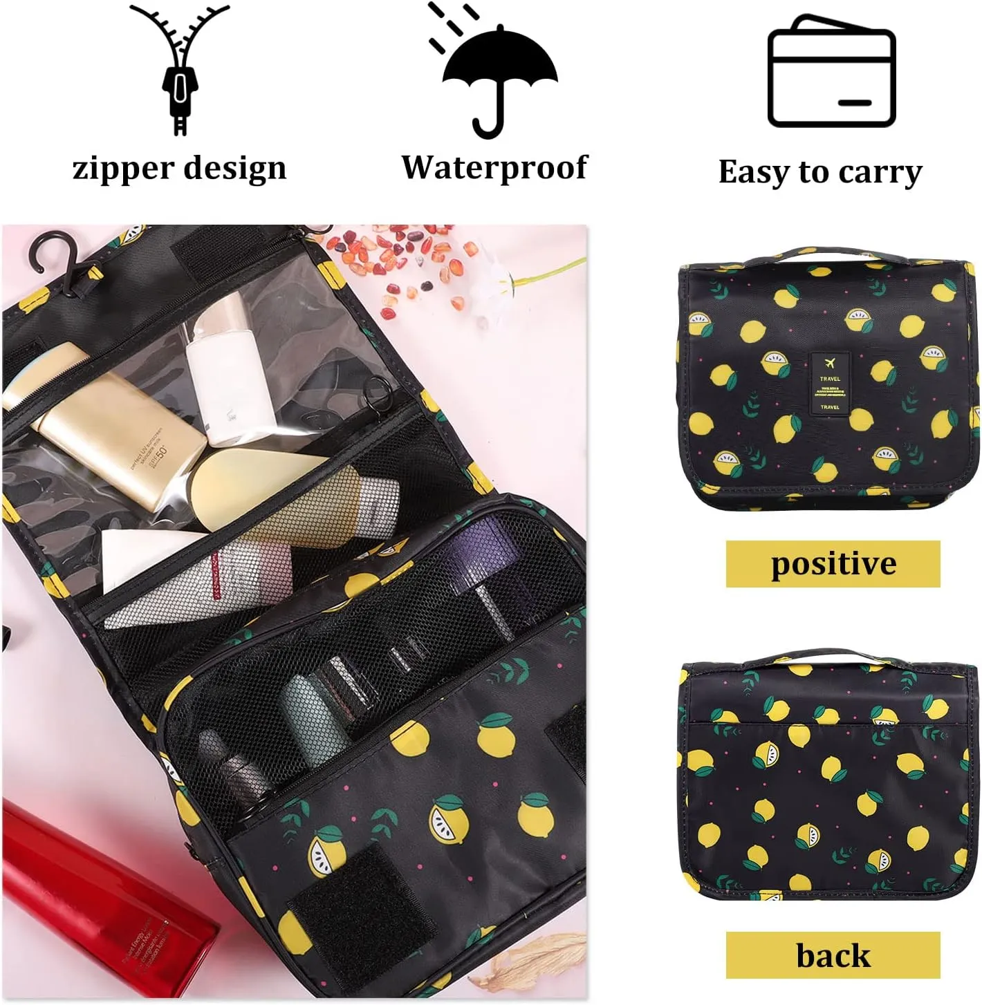 Pengxiaomei Toiletry Bag, Waterproof Hanging Cosmetic Bag Portable Travel Makeup Pouch athroom Bag Stocking Stuffers for Women Christmas Gifts(Black Lemon)