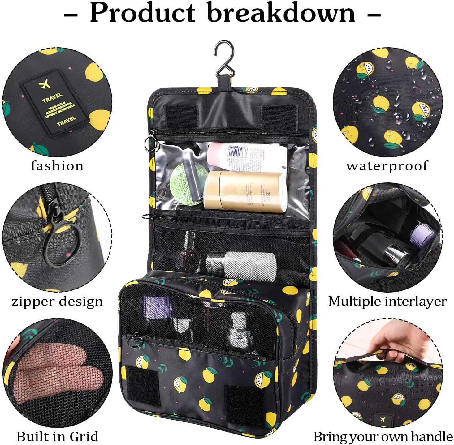Pengxiaomei Toiletry Bag, Waterproof Hanging Cosmetic Bag Portable Travel Makeup Pouch athroom Bag Stocking Stuffers for Women Christmas Gifts(Black Lemon)