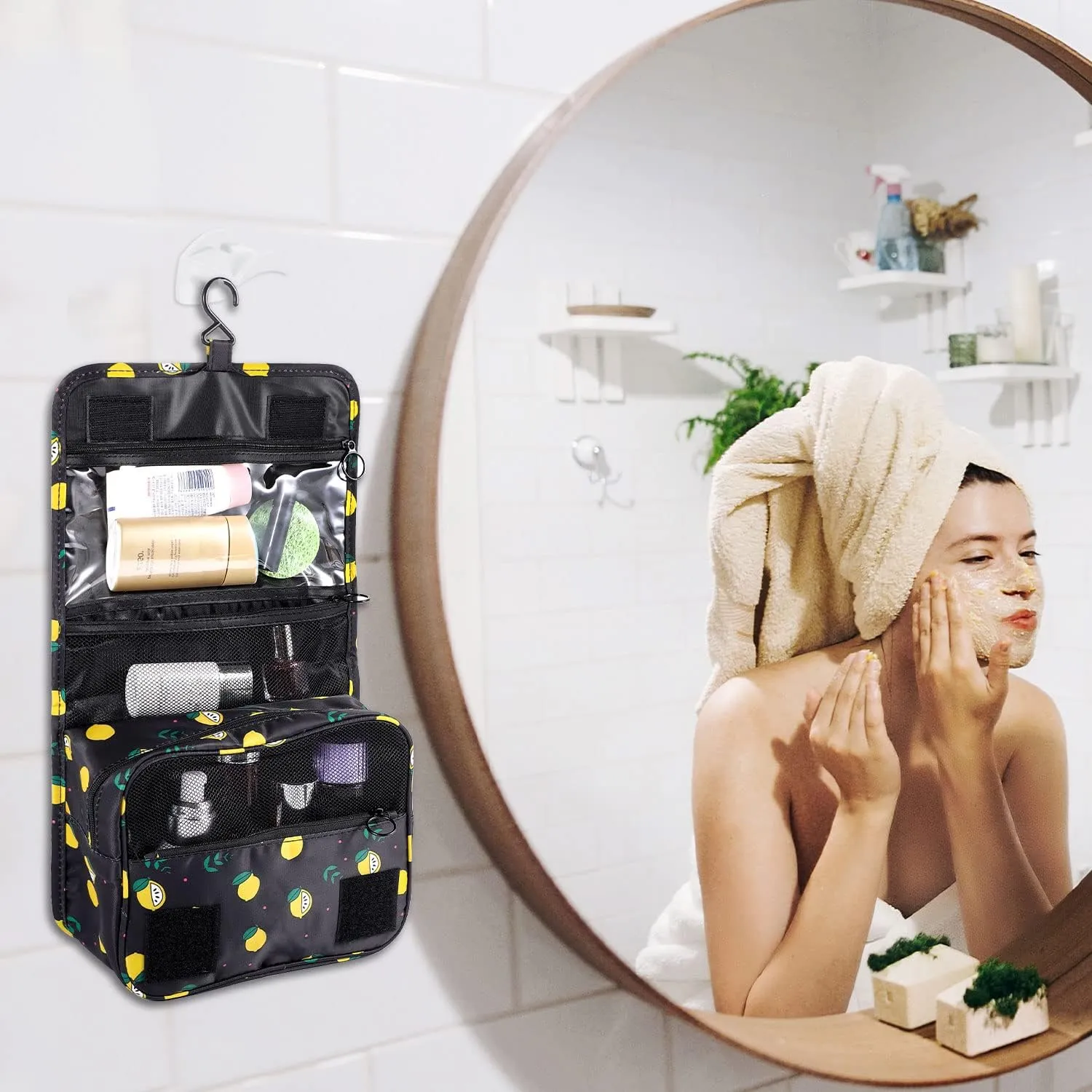 Pengxiaomei Toiletry Bag, Waterproof Hanging Cosmetic Bag Portable Travel Makeup Pouch athroom Bag Stocking Stuffers for Women Christmas Gifts(Black Lemon)