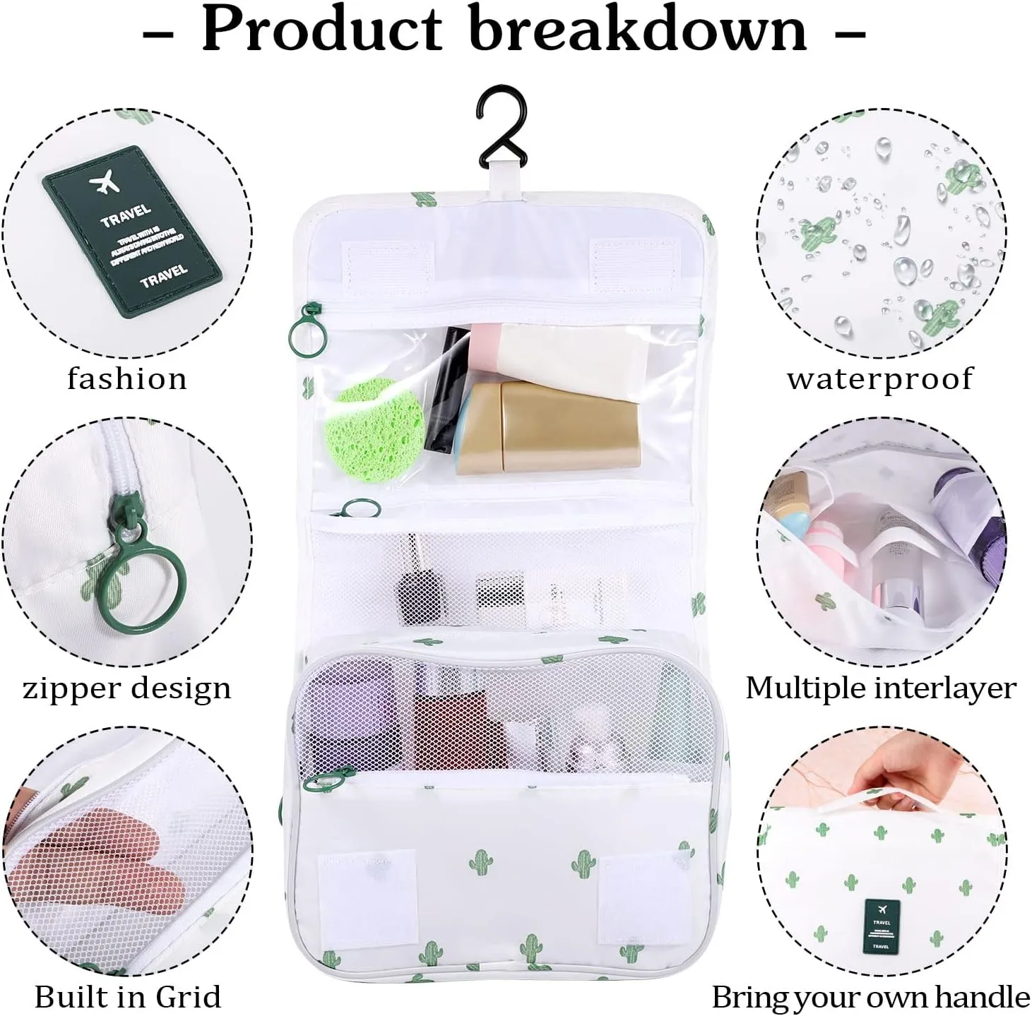Pengxiaomei Toiletry Bag, Waterproof Hanging Cosmetic Bag Portable Travel Makeup Pouch Multifunction Handle Travel Bathroom Bag Stocking Stuffers for Women and Girls Christmas Gifts(Cactus White)