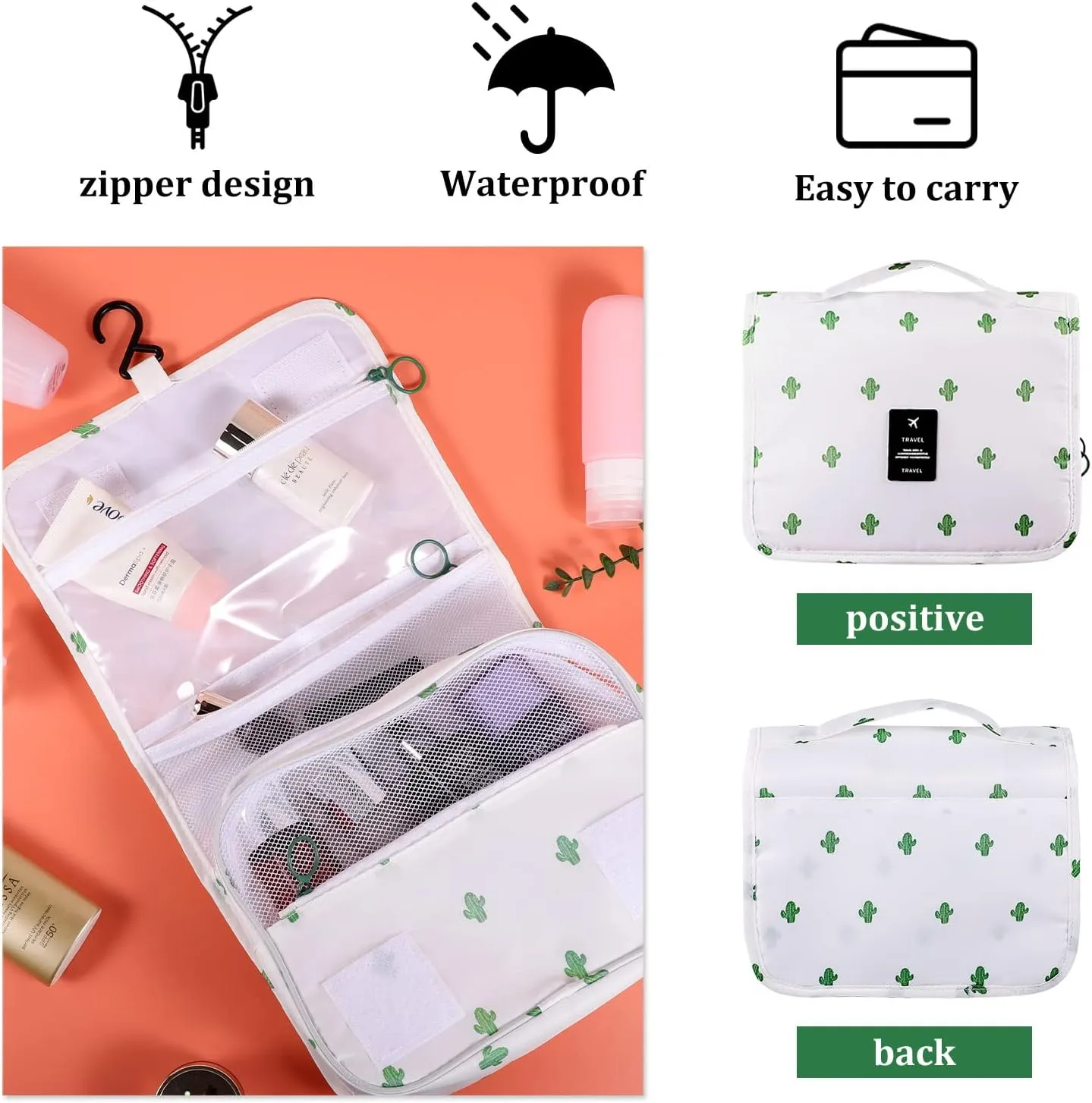 Pengxiaomei Toiletry Bag, Waterproof Hanging Cosmetic Bag Portable Travel Makeup Pouch Multifunction Handle Travel Bathroom Bag Stocking Stuffers for Women and Girls Christmas Gifts(Cactus White)