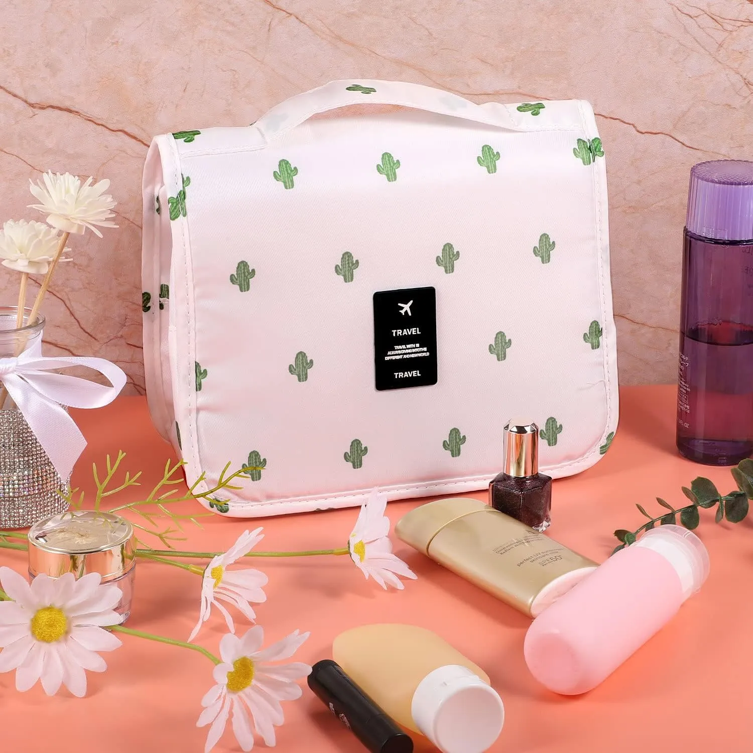 Pengxiaomei Toiletry Bag, Waterproof Hanging Cosmetic Bag Portable Travel Makeup Pouch Multifunction Handle Travel Bathroom Bag Stocking Stuffers for Women and Girls Christmas Gifts(Cactus White)
