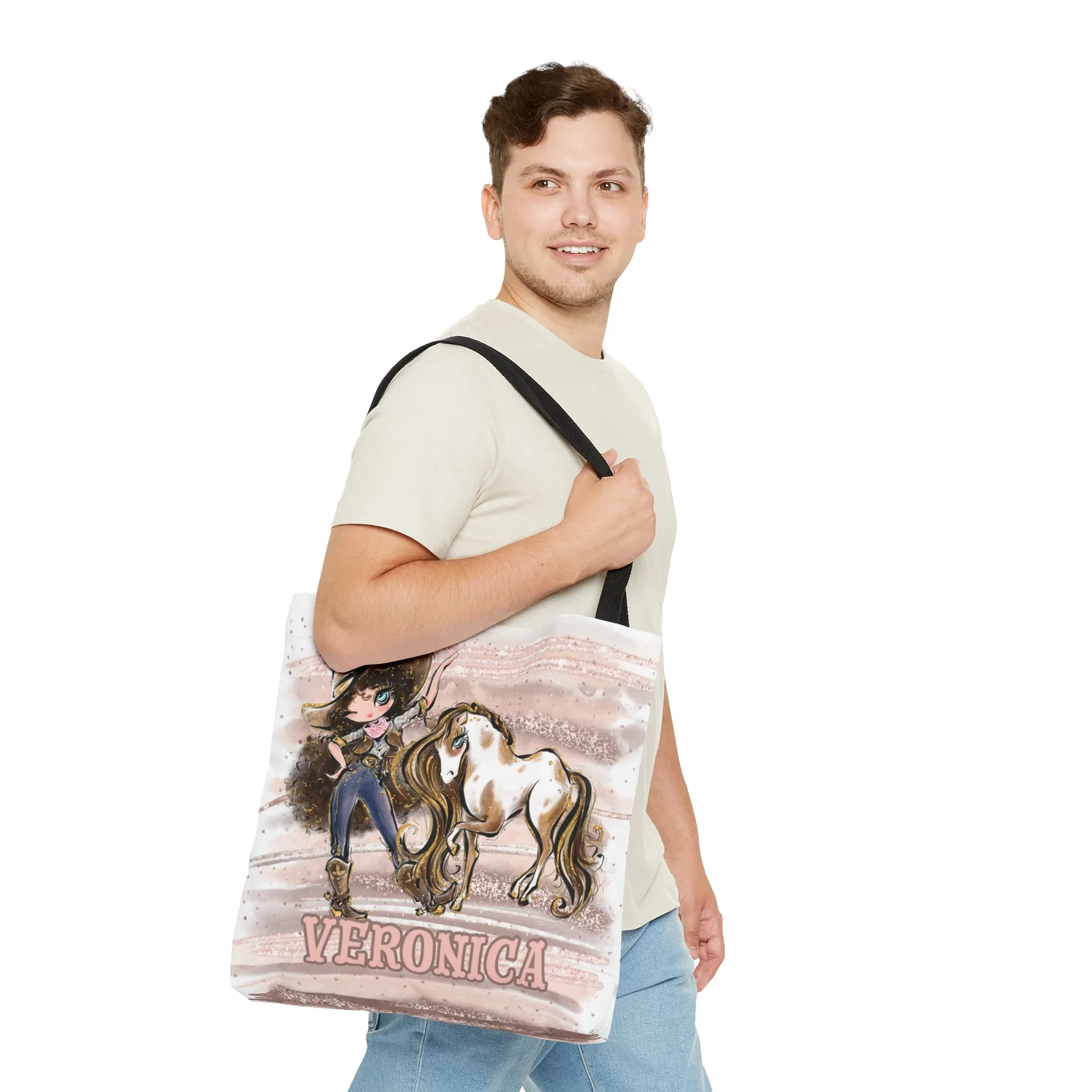 Personalised Tote Bag, Cowgirl & Horse, Brown Curly Hair, Blue Eyes, Tote bag