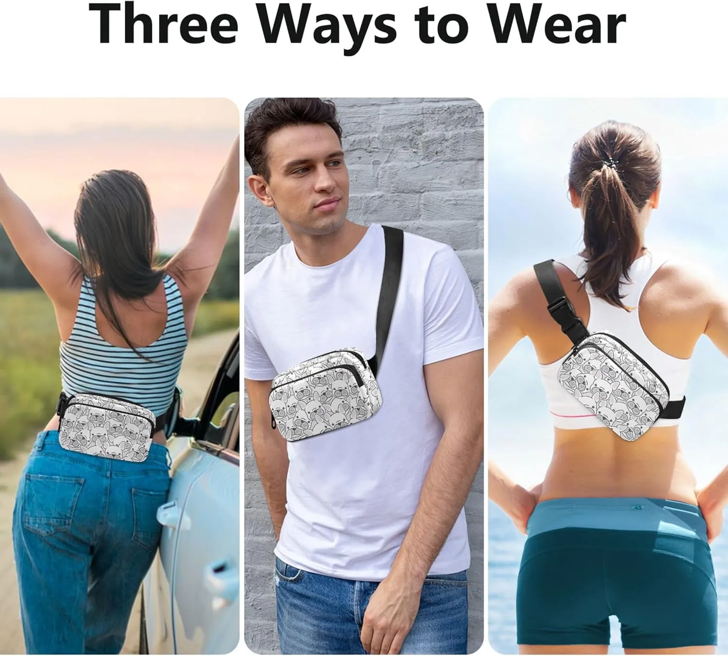 Personalized Black White Pug Dog Women Fanny Pack Waterproof Hip Bag Belt Purse Cute Waist Pouch for Women