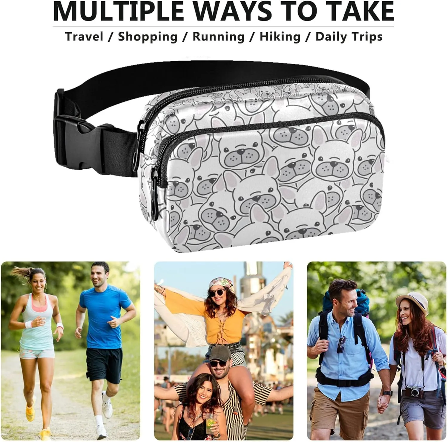 Personalized Black White Pug Dog Women Fanny Pack Waterproof Hip Bag Belt Purse Cute Waist Pouch for Women