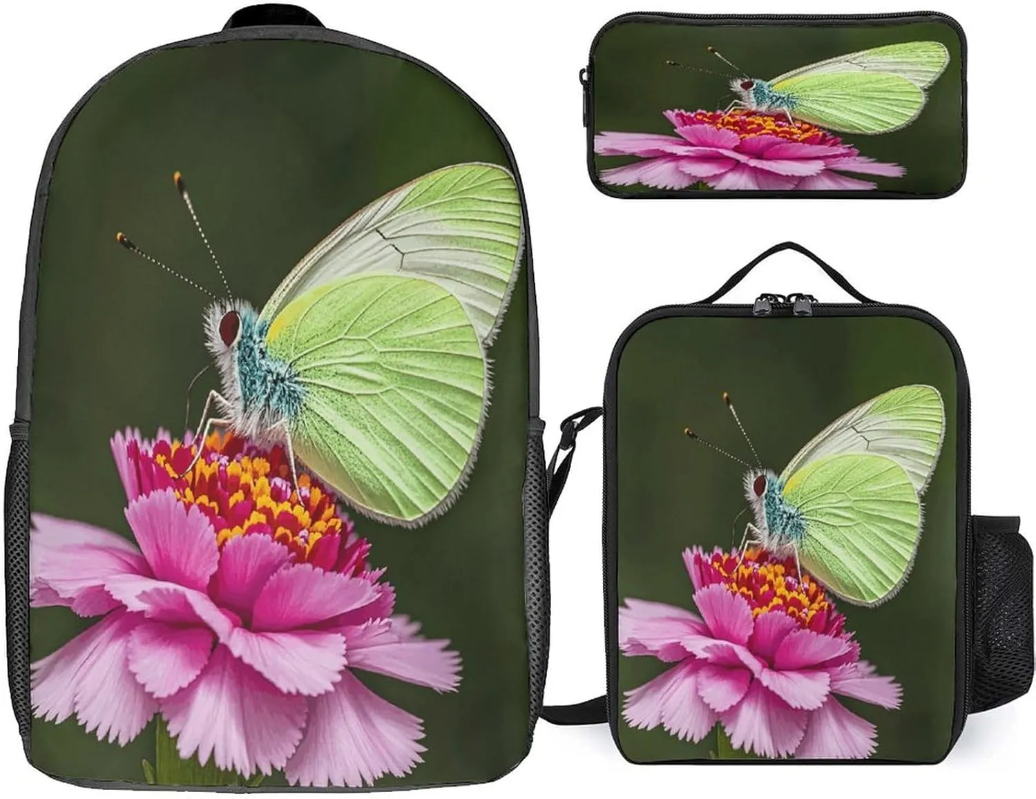 Portable Backpack Set with Lunch Bag & Pencil Case, Butterfly Carnation Print 3-in-1 Durable Work Bag,Adjustable Straps,Lightweight & Spacious