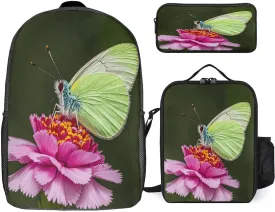 Portable Backpack Set with Lunch Bag & Pencil Case, Butterfly Carnation Print 3-in-1 Durable Work Bag,Adjustable Straps,Lightweight & Spacious