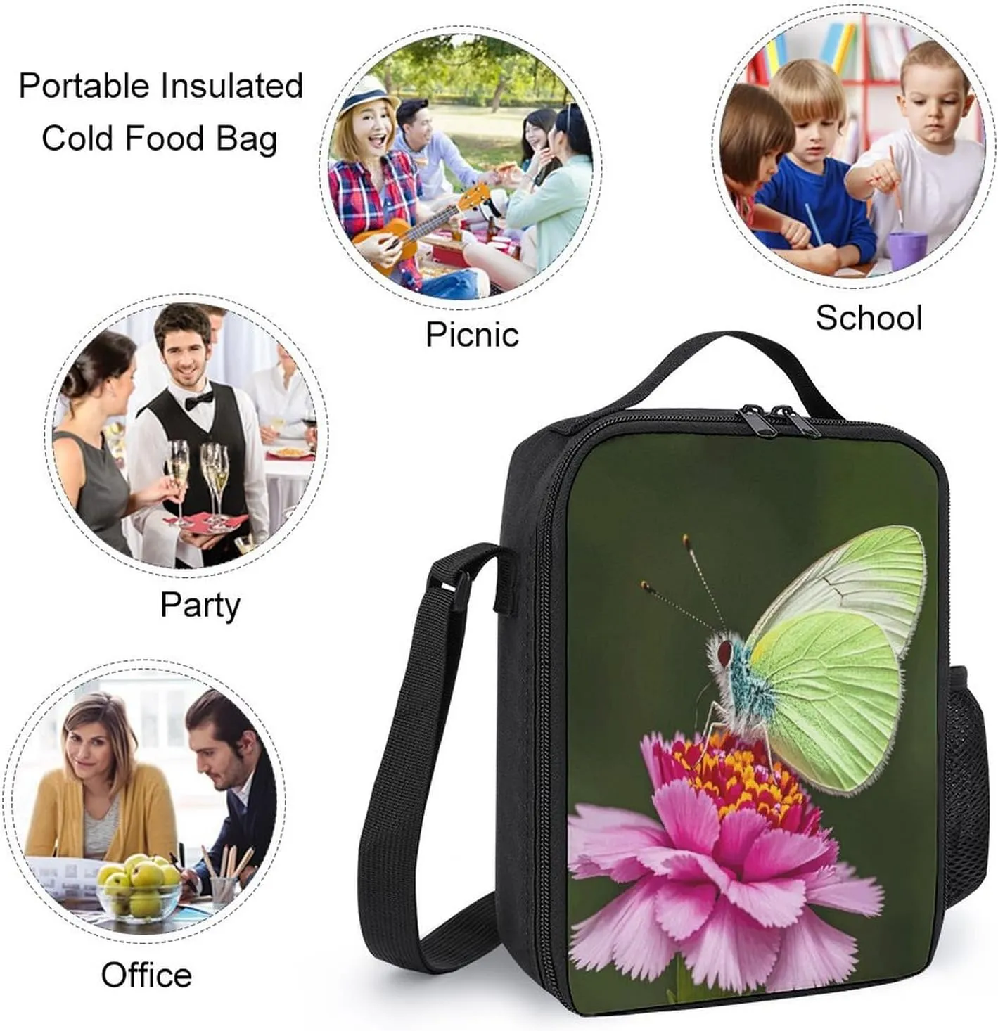 Portable Backpack Set with Lunch Bag & Pencil Case, Butterfly Carnation Print 3-in-1 Durable Work Bag,Adjustable Straps,Lightweight & Spacious