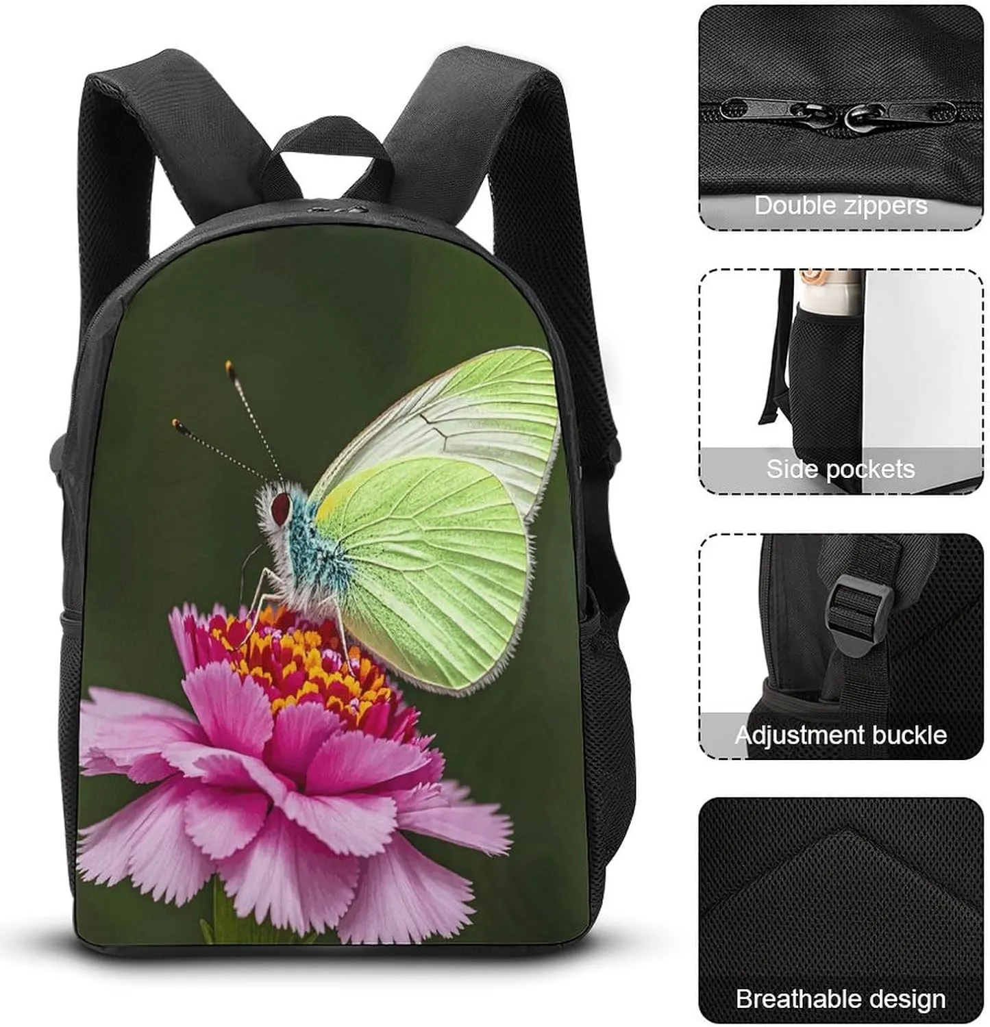 Portable Backpack Set with Lunch Bag & Pencil Case, Butterfly Carnation Print 3-in-1 Durable Work Bag,Adjustable Straps,Lightweight & Spacious