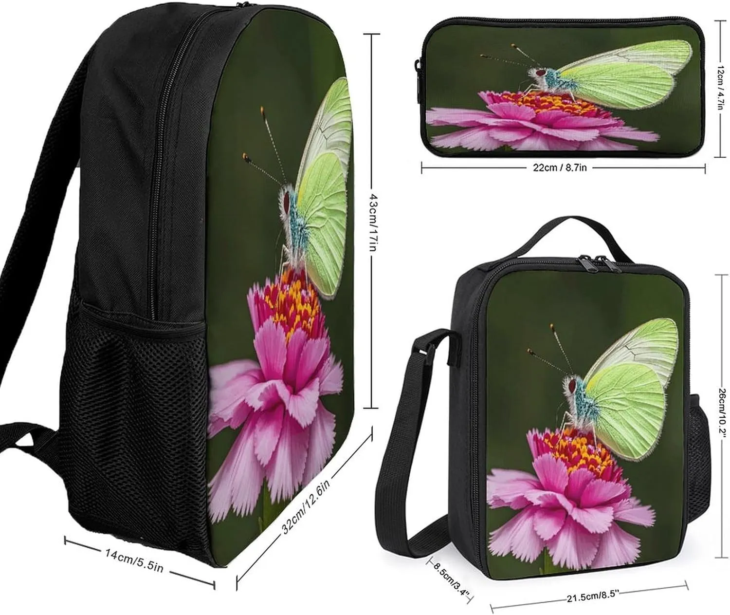 Portable Backpack Set with Lunch Bag & Pencil Case, Butterfly Carnation Print 3-in-1 Durable Work Bag,Adjustable Straps,Lightweight & Spacious