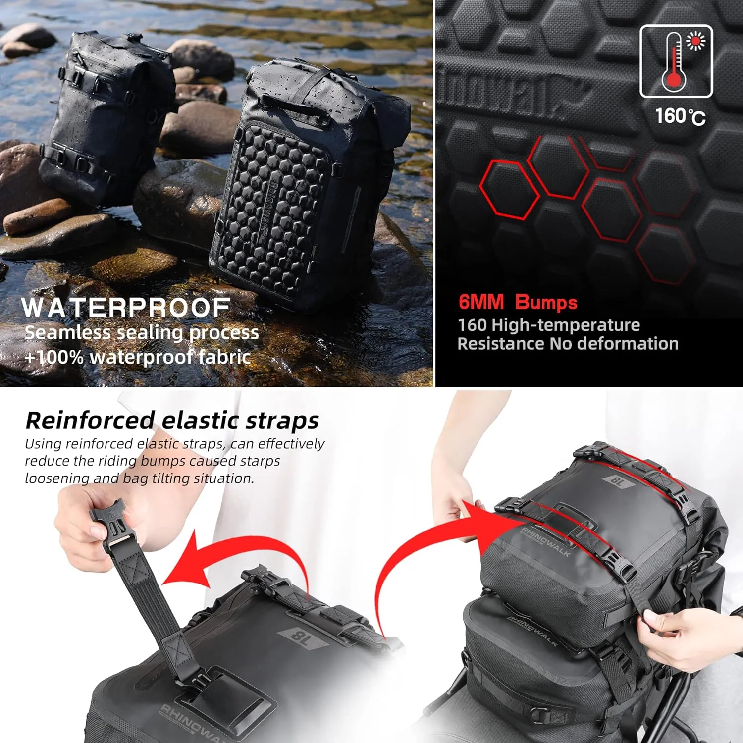 Rhinowalk Tail Bag, Travel Luggage Bags, Waterproof Rear Carrier, Motorcycle Rear Seat Bag Backpack, Rear Rack Trunk - Black 15L