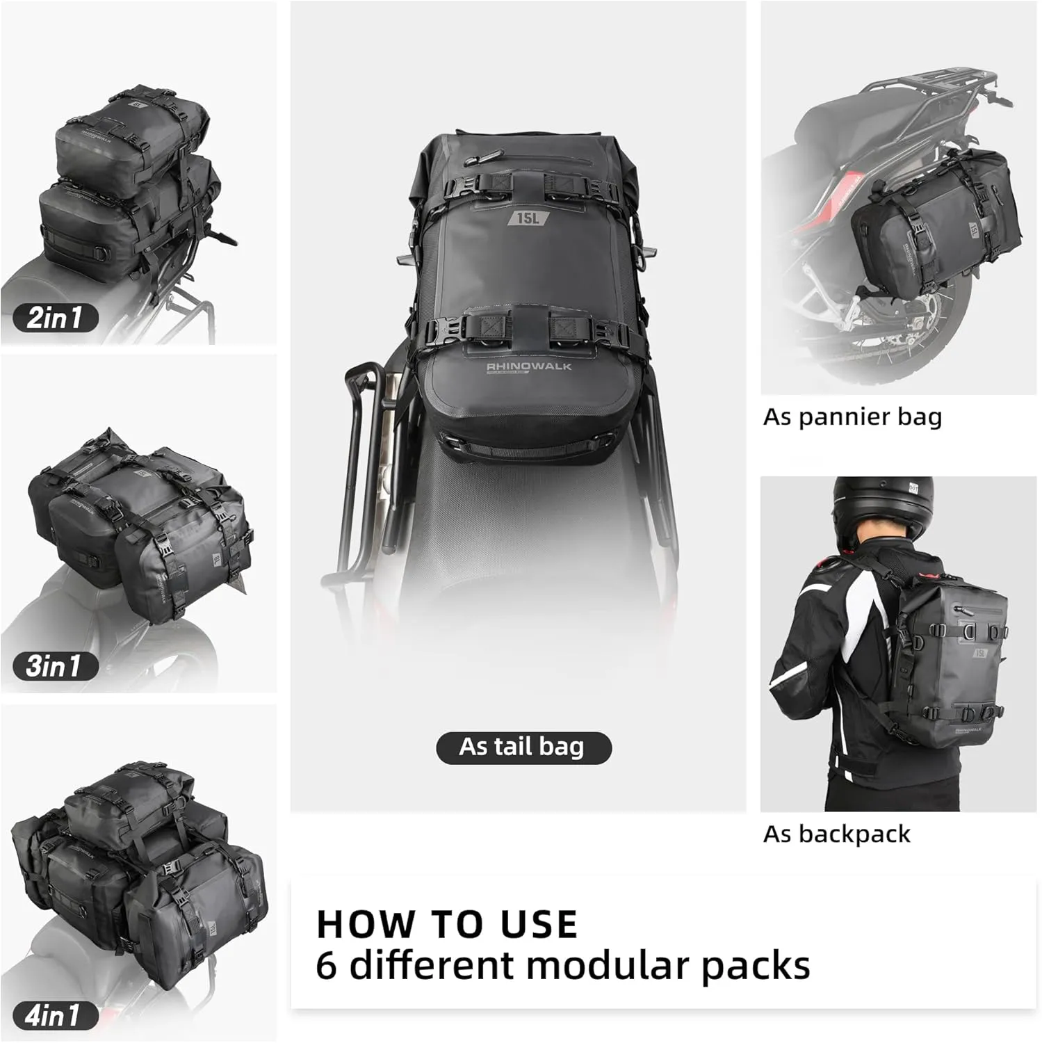 Rhinowalk Tail Bag, Travel Luggage Bags, Waterproof Rear Carrier, Motorcycle Rear Seat Bag Backpack, Rear Rack Trunk - Black 15L