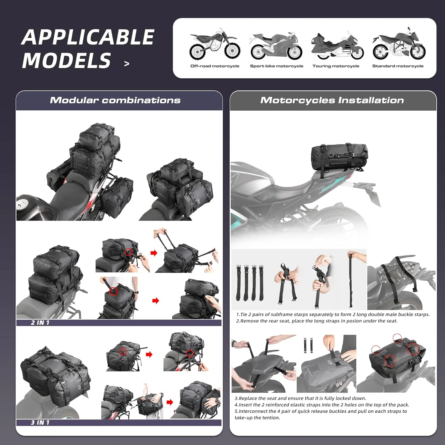 Rhinowalk Tail Bag, Travel Luggage Bags, Waterproof Rear Carrier, Motorcycle Rear Seat Bag Backpack, Rear Rack Trunk - Black 15L