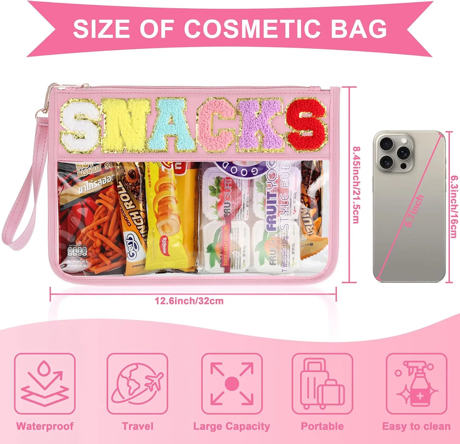 Snack Bag for Travel - Clear Chenille Varsity Letter Flat Pouch with Zipper, Waterproof Clear Nylon Preppy Patch Makeup Cosmetic tote Bags for Women Girls