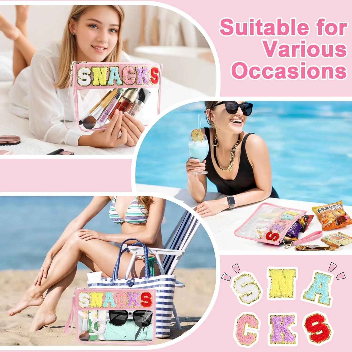 Snack Bag for Travel - Clear Chenille Varsity Letter Flat Pouch with Zipper, Waterproof Clear Nylon Preppy Patch Makeup Cosmetic tote Bags for Women Girls