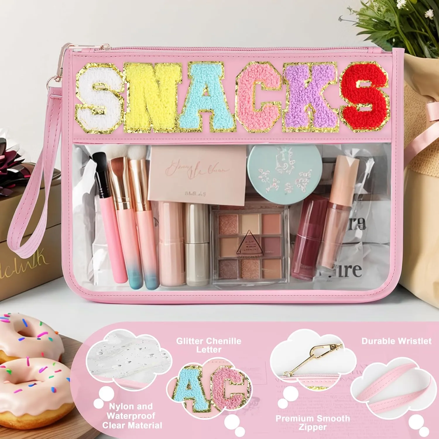 Snack Bag for Travel - Clear Chenille Varsity Letter Flat Pouch with Zipper, Waterproof Clear Nylon Preppy Patch Makeup Cosmetic tote Bags for Women Girls
