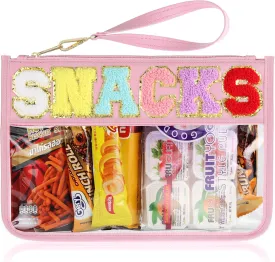Snack Bag for Travel - Clear Chenille Varsity Letter Flat Pouch with Zipper, Waterproof Clear Nylon Preppy Patch Makeup Cosmetic tote Bags for Women Girls