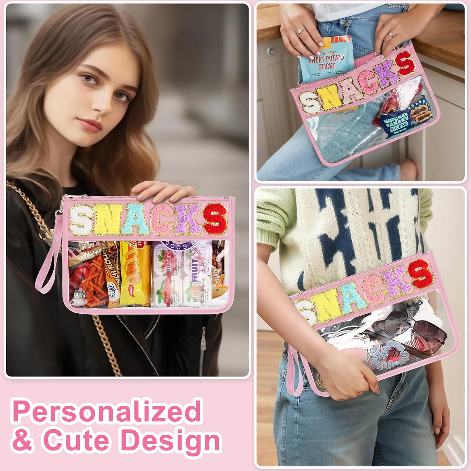 Snack Bag for Travel - Clear Chenille Varsity Letter Flat Pouch with Zipper, Waterproof Clear Nylon Preppy Patch Makeup Cosmetic tote Bags for Women Girls