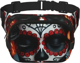 Square Sugar-Skull-Roses Double-Layer Sport Fanny Pack Waist Pack Large Crossbody Waist Bag For Running Travel Walking