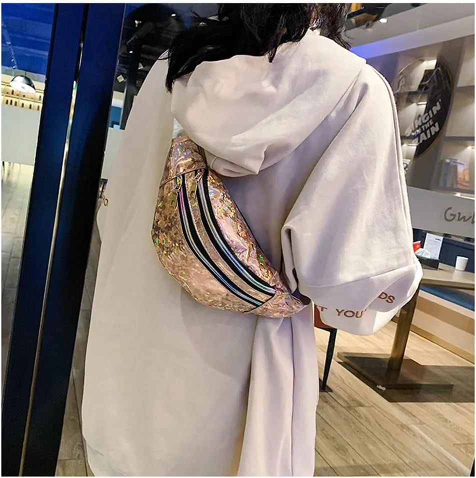Waist Bags Women Silver Fanny Pack Female Belt Bag Black Geometric Waist Packs Laser Chest Bag Laser Bum Bag (Sequined Champagne)