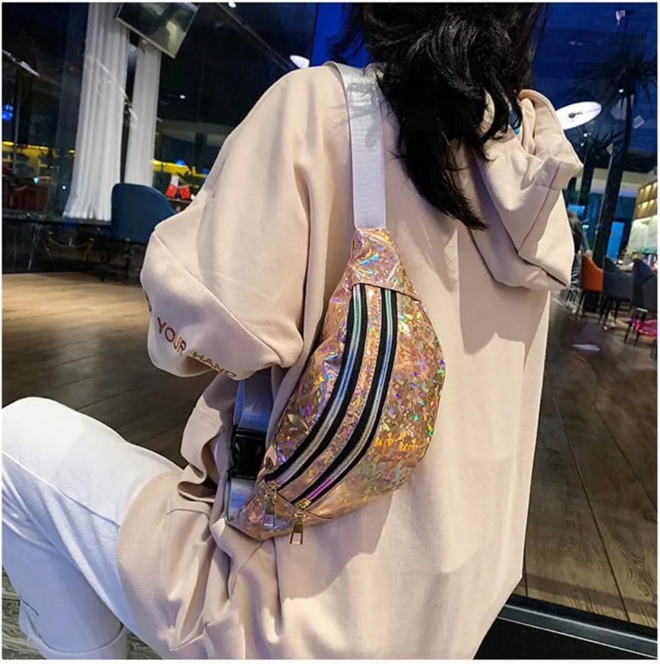 Waist Bags Women Silver Fanny Pack Female Belt Bag Black Geometric Waist Packs Laser Chest Bag Laser Bum Bag (Sequined Champagne)