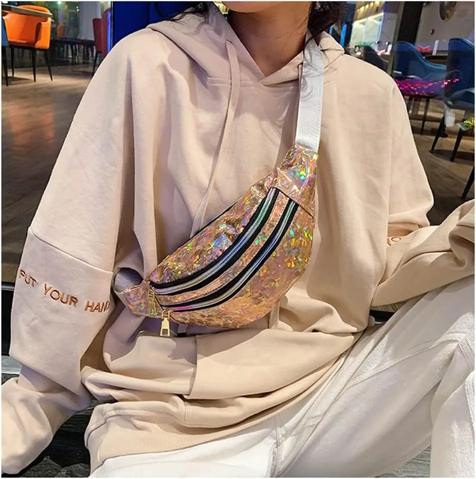 Waist Bags Women Silver Fanny Pack Female Belt Bag Black Geometric Waist Packs Laser Chest Bag Laser Bum Bag (Sequined Champagne)
