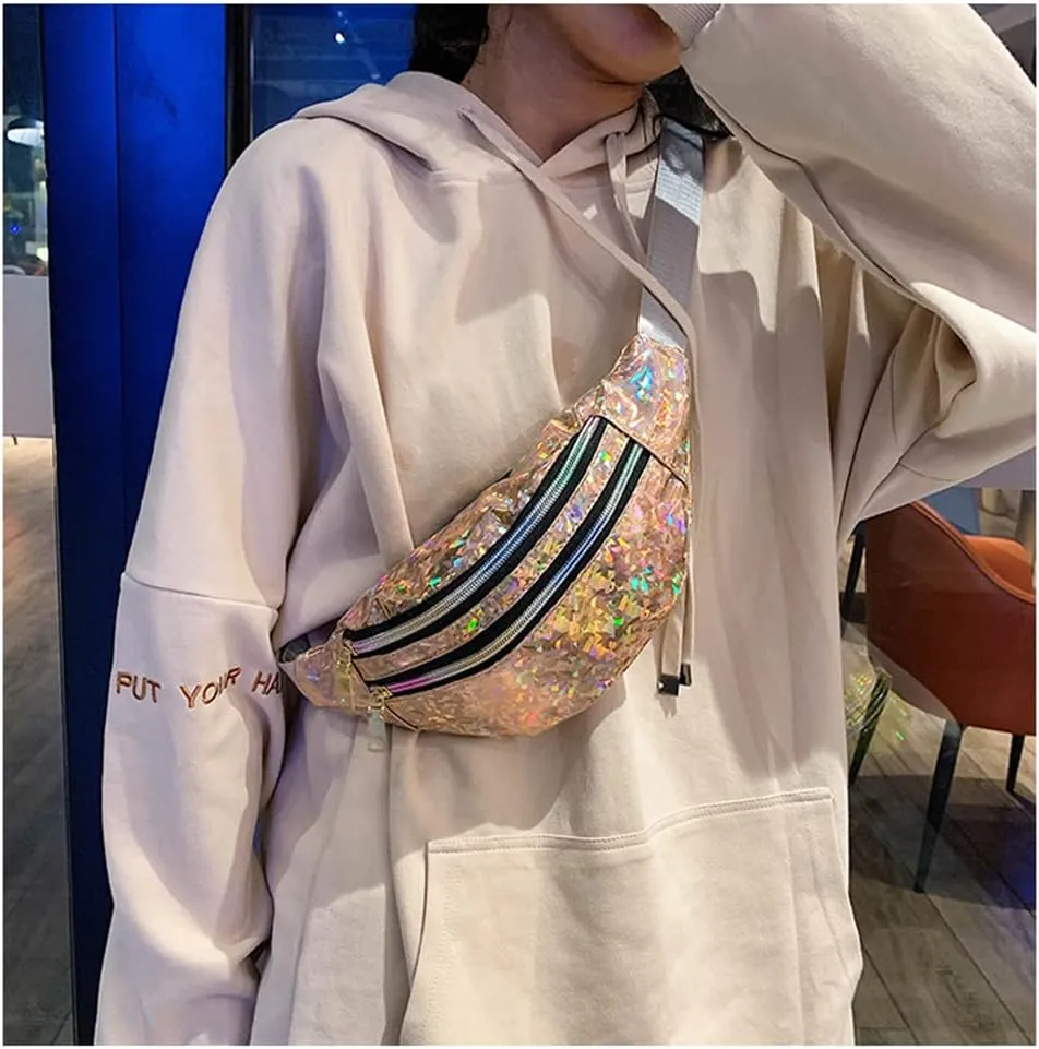 Waist Bags Women Silver Fanny Pack Female Belt Bag Black Geometric Waist Packs Laser Chest Bag Laser Bum Bag (Sequined Champagne)
