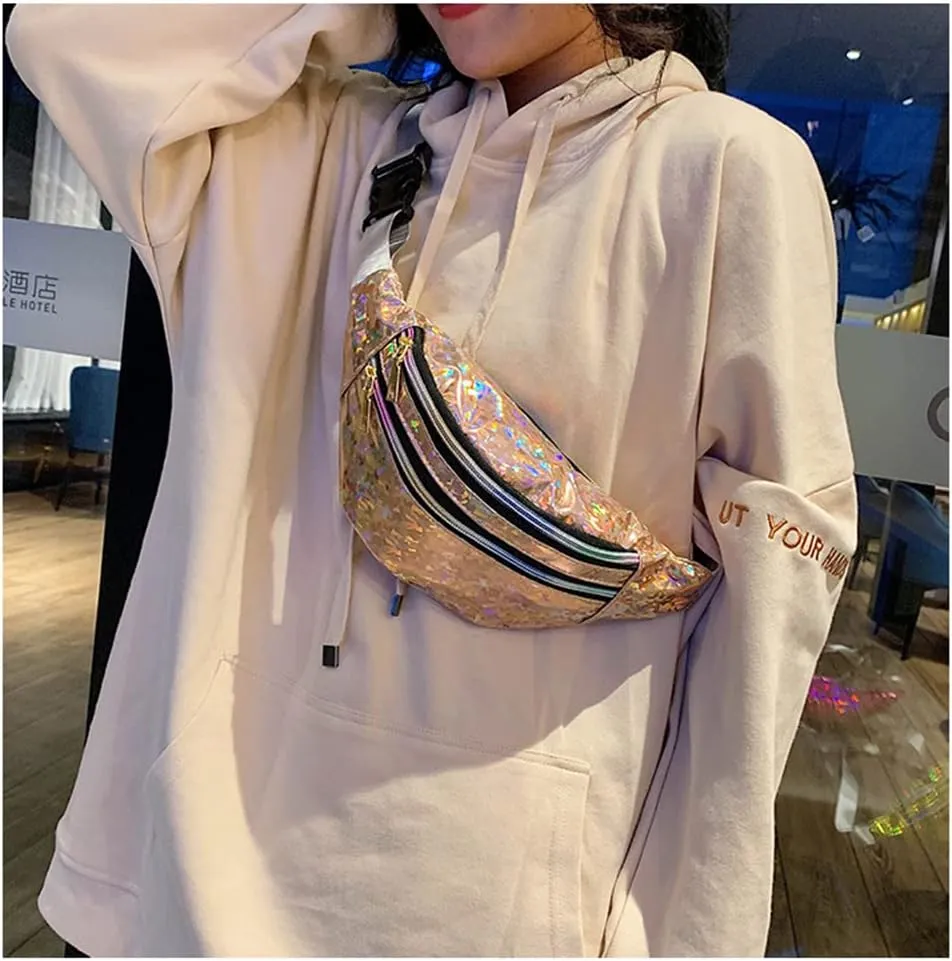 Waist Bags Women Silver Fanny Pack Female Belt Bag Black Geometric Waist Packs Laser Chest Bag Laser Bum Bag (Sequined Champagne)