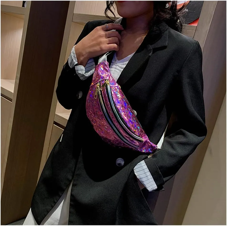 Waist Bags Women Silver Fanny Pack Female Belt Bag Black Geometric Waist Packs Laser Chest Bag Laser Bum Bag (Sequined pink)