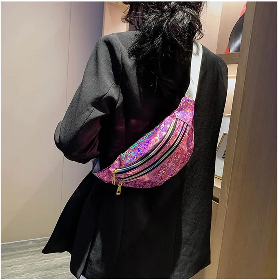 Waist Bags Women Silver Fanny Pack Female Belt Bag Black Geometric Waist Packs Laser Chest Bag Laser Bum Bag (Sequined pink)