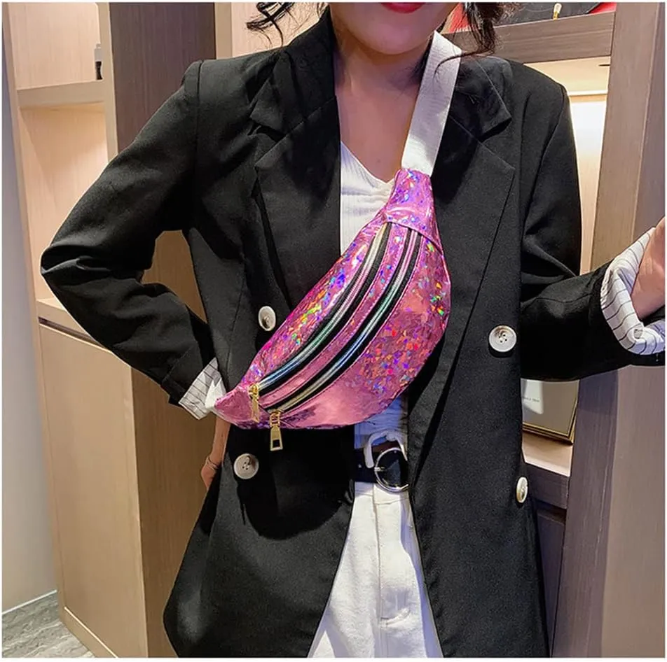 Waist Bags Women Silver Fanny Pack Female Belt Bag Black Geometric Waist Packs Laser Chest Bag Laser Bum Bag (Sequined pink)
