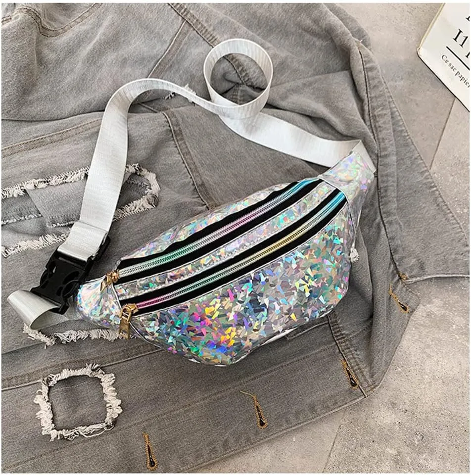 Waist Bags Women Silver Fanny Pack Female Belt Bag Black Geometric Waist Packs Laser Chest Bag Laser Bum Bag (Sequined silver)