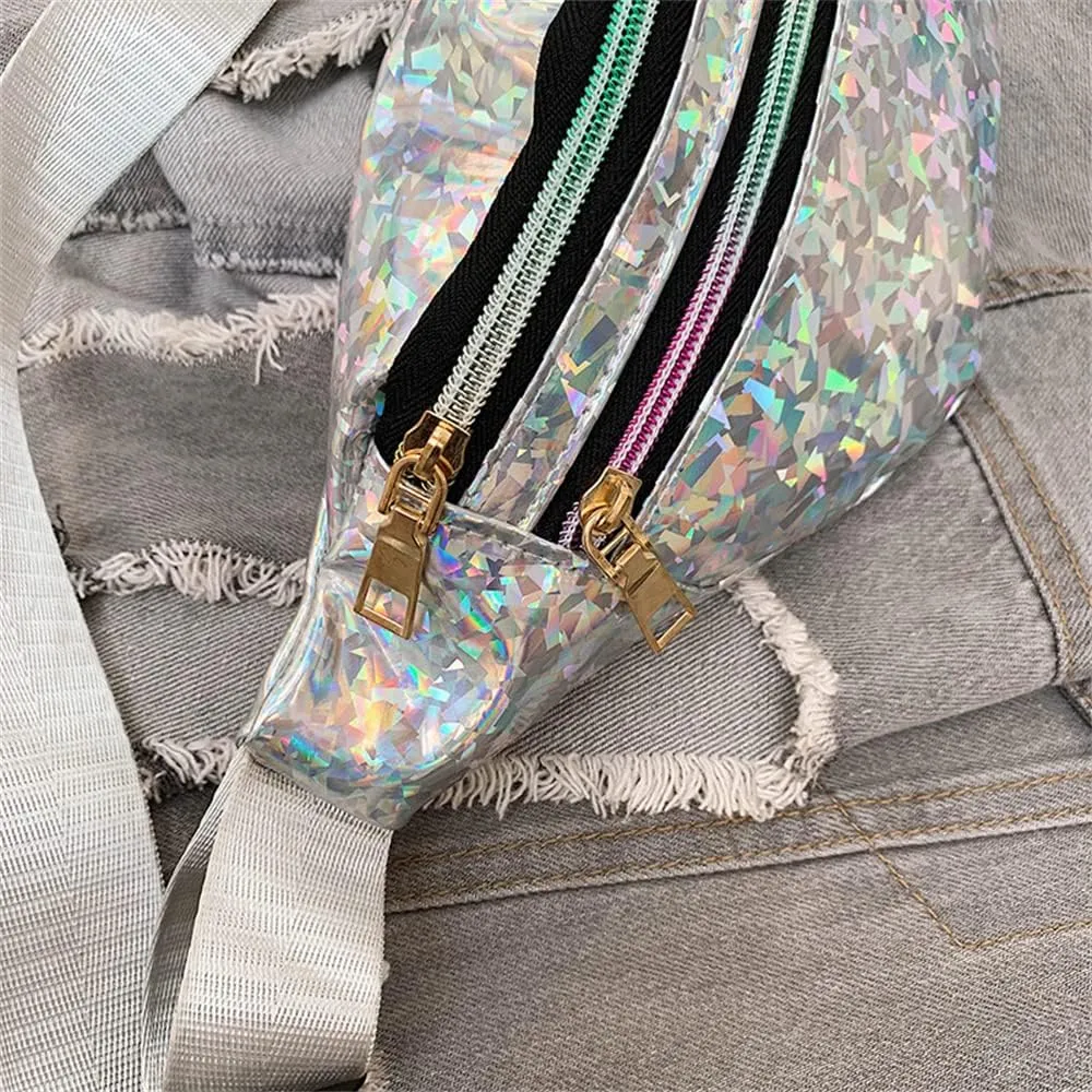 Waist Bags Women Silver Fanny Pack Female Belt Bag Black Geometric Waist Packs Laser Chest Bag Laser Bum Bag (Sequined silver)