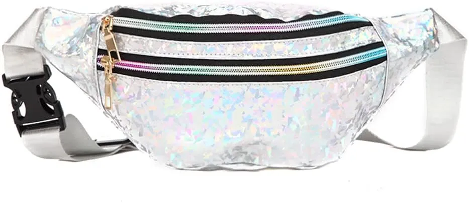 Waist Bags Women Silver Fanny Pack Female Belt Bag Black Geometric Waist Packs Laser Chest Bag Laser Bum Bag (Sequined silver)