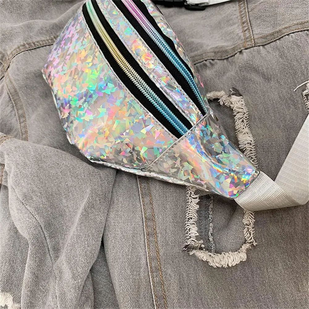 Waist Bags Women Silver Fanny Pack Female Belt Bag Black Geometric Waist Packs Laser Chest Bag Laser Bum Bag (Sequined silver)