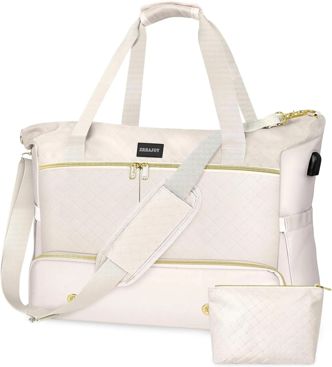 Weekender Overnight Bag for Women, Large Travel Duffel with Shoe Compartment, Wet Pocket, USB Charging Port, Carry-On Gym Tote Bag (Beige)