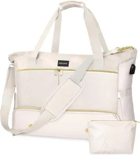 Weekender Overnight Bag for Women, Large Travel Duffel with Shoe Compartment, Wet Pocket, USB Charging Port, Carry-On Gym Tote Bag (Beige)
