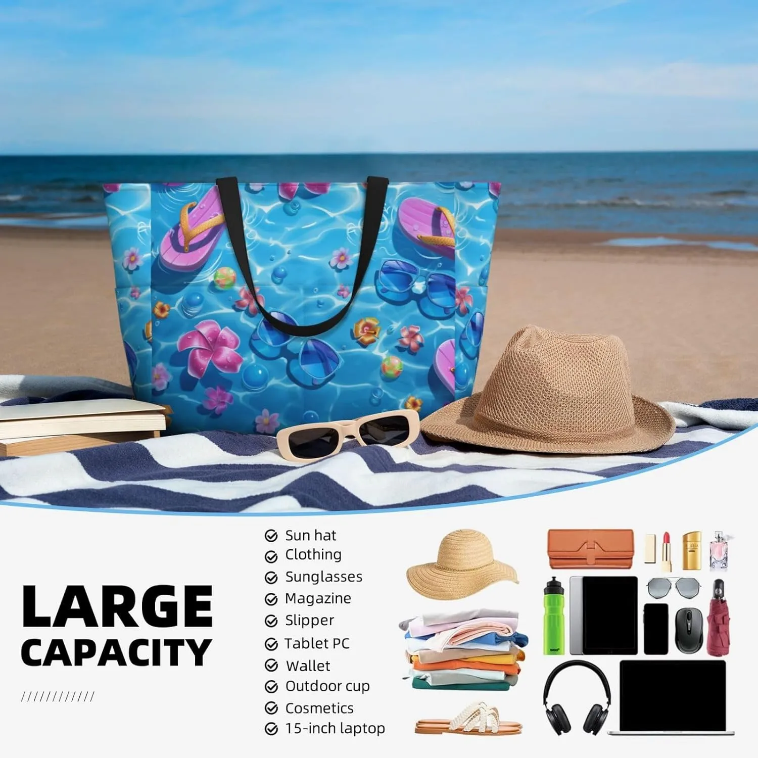 Women's Large Beach Bag Waterproof Travel Tote Bag with Pocket Sandproof Foldable Weekender Bags for Pool Vacation