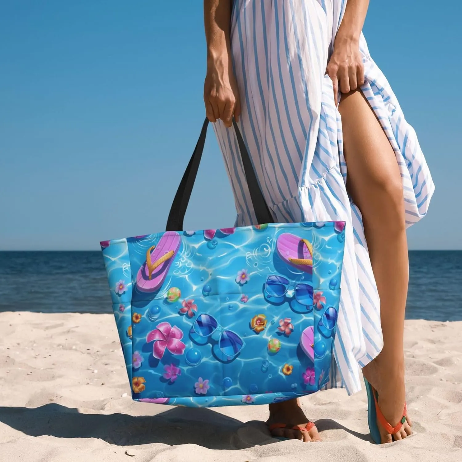 Women's Large Beach Bag Waterproof Travel Tote Bag with Pocket Sandproof Foldable Weekender Bags for Pool Vacation