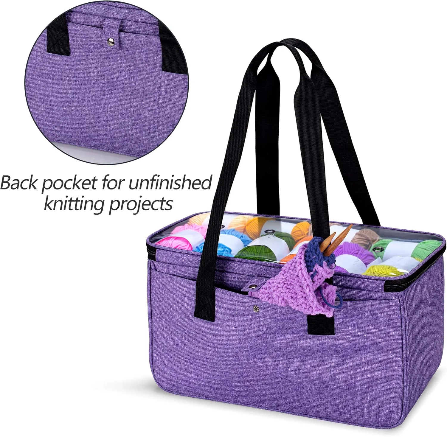 Yarwo Knitting Yarn Bag, Crochet Tote with Pocket for WIP projects, Knitting Needles(Up to 14) and Skeins of Yarn, Purple (Bag Only)
