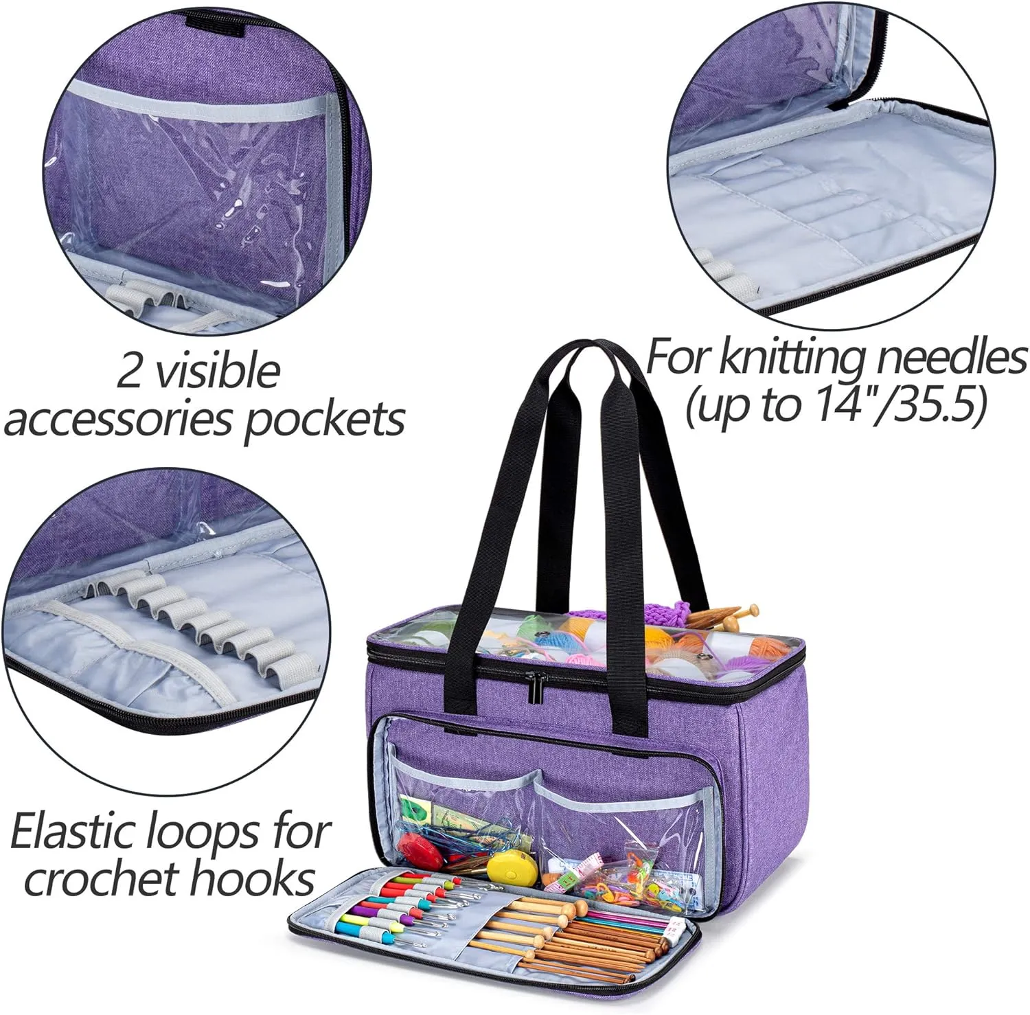 Yarwo Knitting Yarn Bag, Crochet Tote with Pocket for WIP projects, Knitting Needles(Up to 14) and Skeins of Yarn, Purple (Bag Only)
