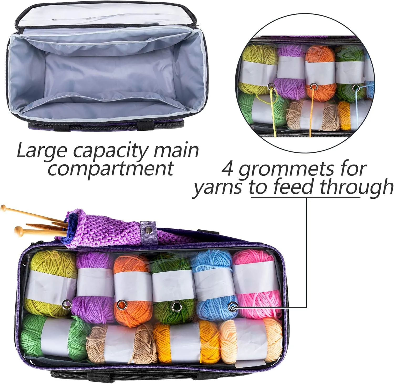 Yarwo Knitting Yarn Bag, Crochet Tote with Pocket for WIP projects, Knitting Needles(Up to 14) and Skeins of Yarn, Purple (Bag Only)