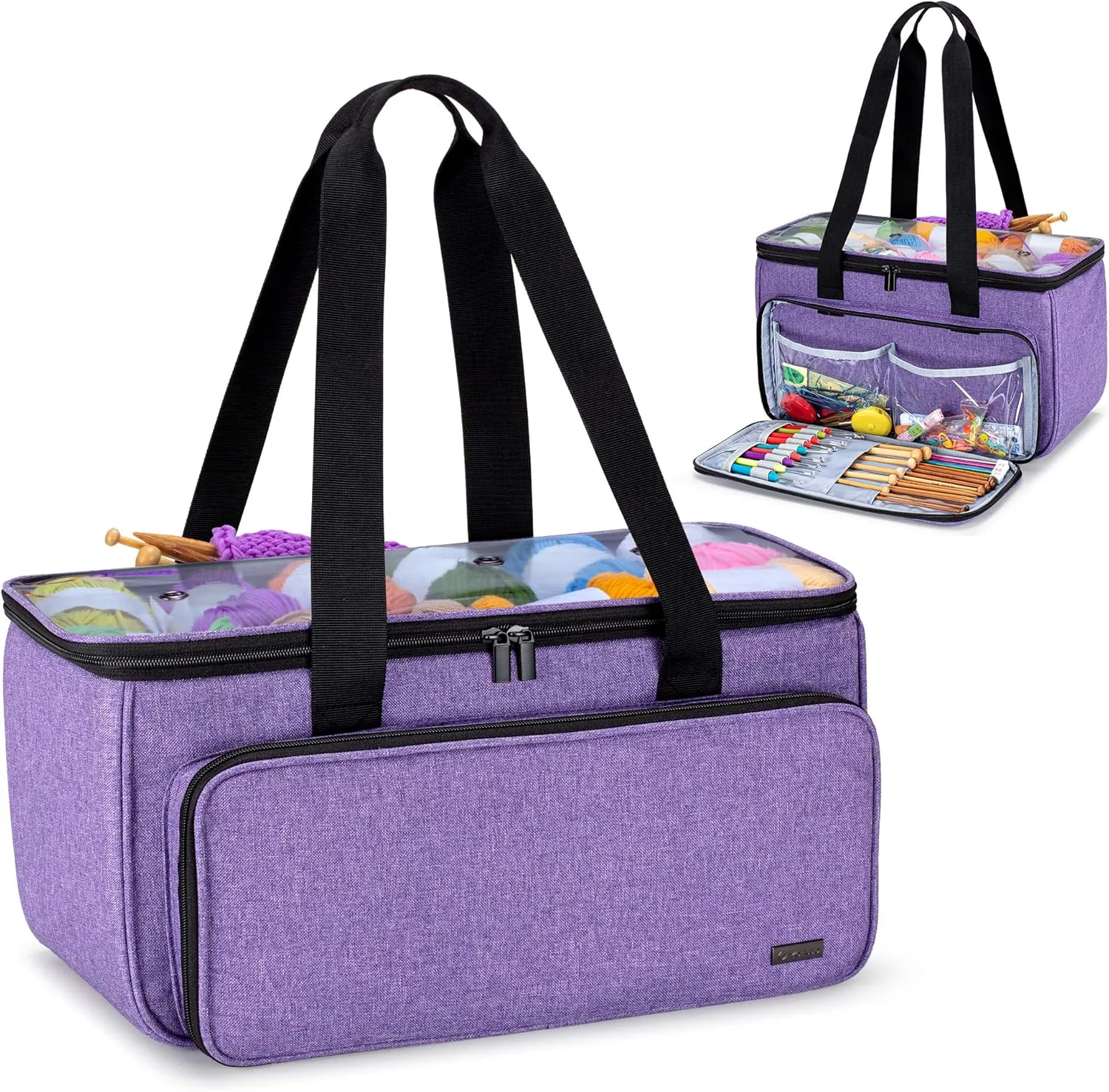 Yarwo Knitting Yarn Bag, Crochet Tote with Pocket for WIP projects, Knitting Needles(Up to 14) and Skeins of Yarn, Purple (Bag Only)